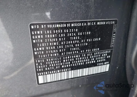 2020 Volkswagen Tiguan 2.0T Se/2.0T Se R-Line Black/2.0T Sel z USA, uszkodzony, nr VIN 3VV2B7AX6LM156912